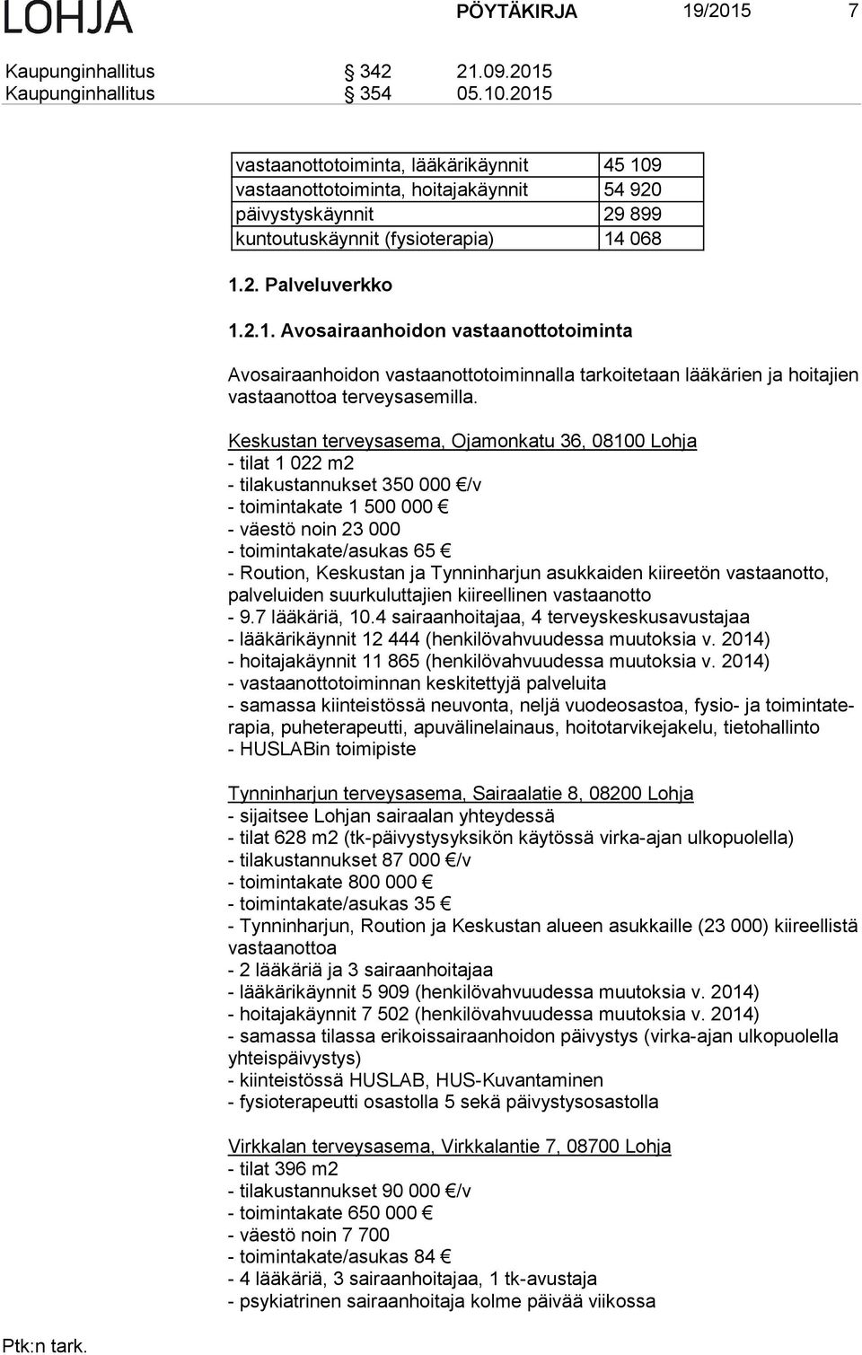 Keskustan terveysasema, Ojamonkatu 36, 08100 Lohja - tilat 1 022 m2 - tilakustannukset 350 000 /v - toimintakate 1 500 000 - väestö noin 23 000 - toimintakate/asukas 65 - Roution, Keskustan ja