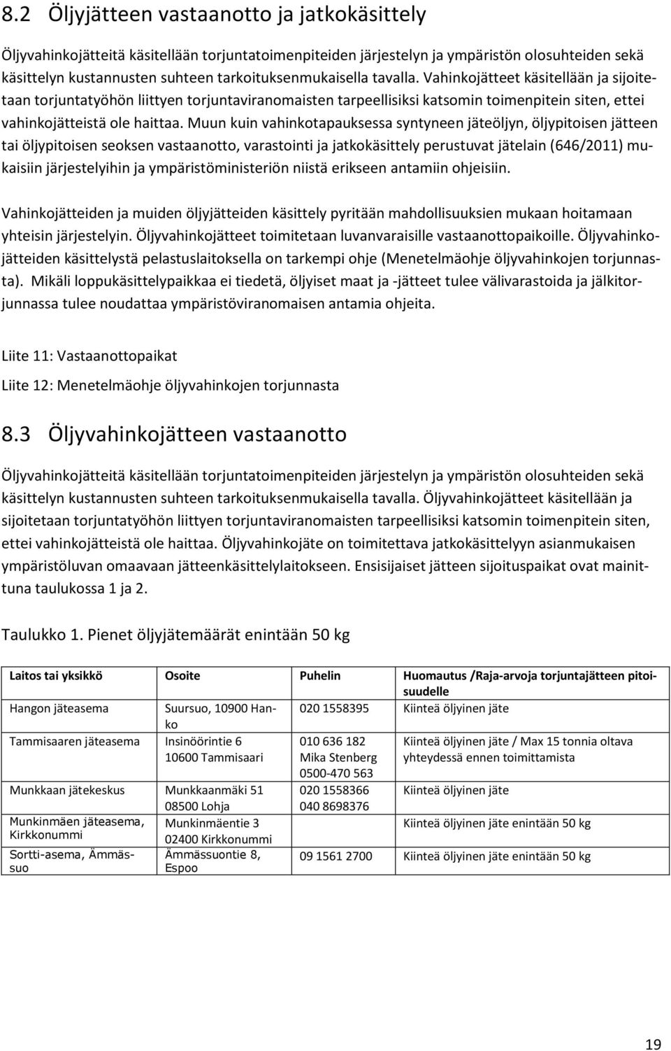 Muun kuin vahinkotapauksessa syntyneen jäteöljyn, öljypitoisen jätteen tai öljypitoisen seoksen vastaanotto, varastointi ja jatkokäsittely perustuvat jätelain (646/2011) mukaisiin järjestelyihin ja