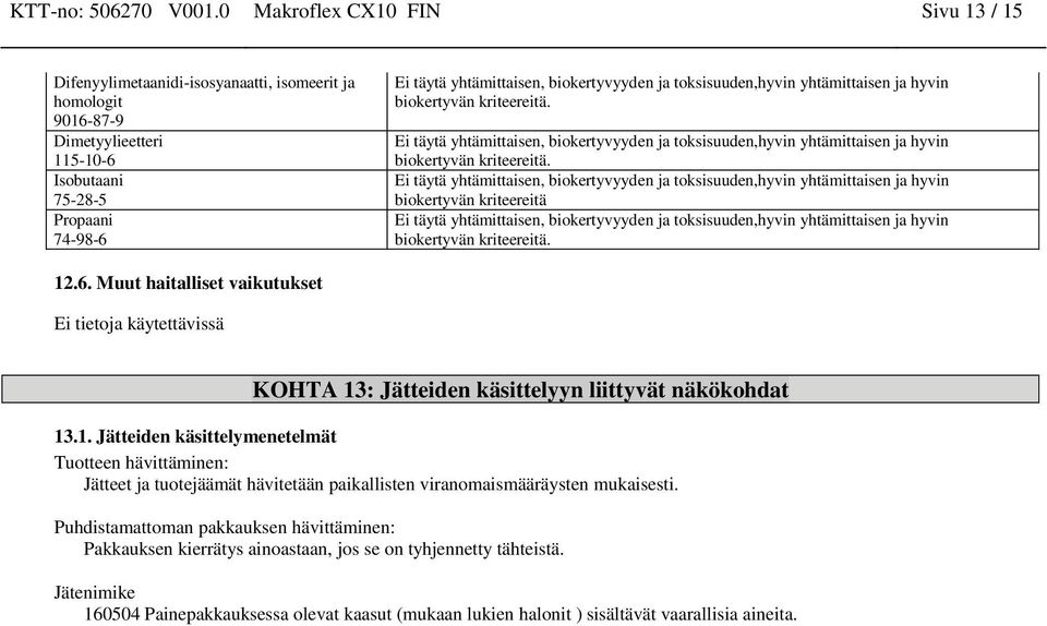 yhtämittaisen ja hyvin biokertyvän kriteereitä. Ei täytä yhtämittaisen, biokertyvyyden ja toksisuuden,hyvin yhtämittaisen ja hyvin biokertyvän kriteereitä.