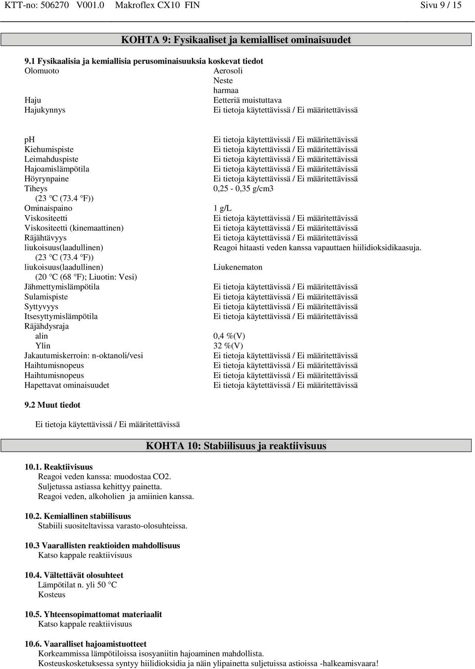 Tiheys (23 C (73.4 F)) Ominaispaino Viskositeetti Viskositeetti (kinemaattinen) Räjähtävyys liukoisuus(laadullinen) (23 C (73.
