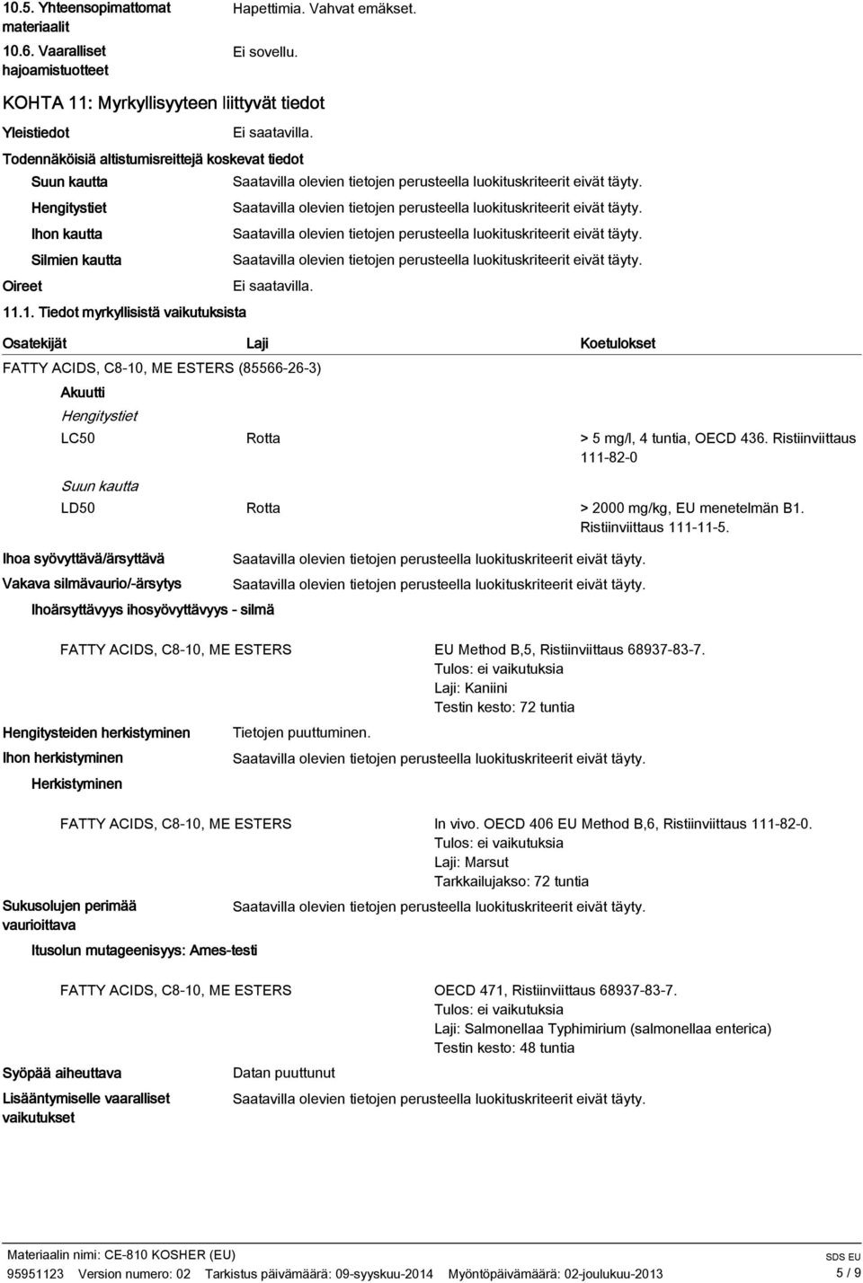 Ristiinviittaus 111-82-0 Suun kautta LD50 Rotta > 2000 mg/kg, EU menetelmän B1. Ristiinviittaus 111-11-5.