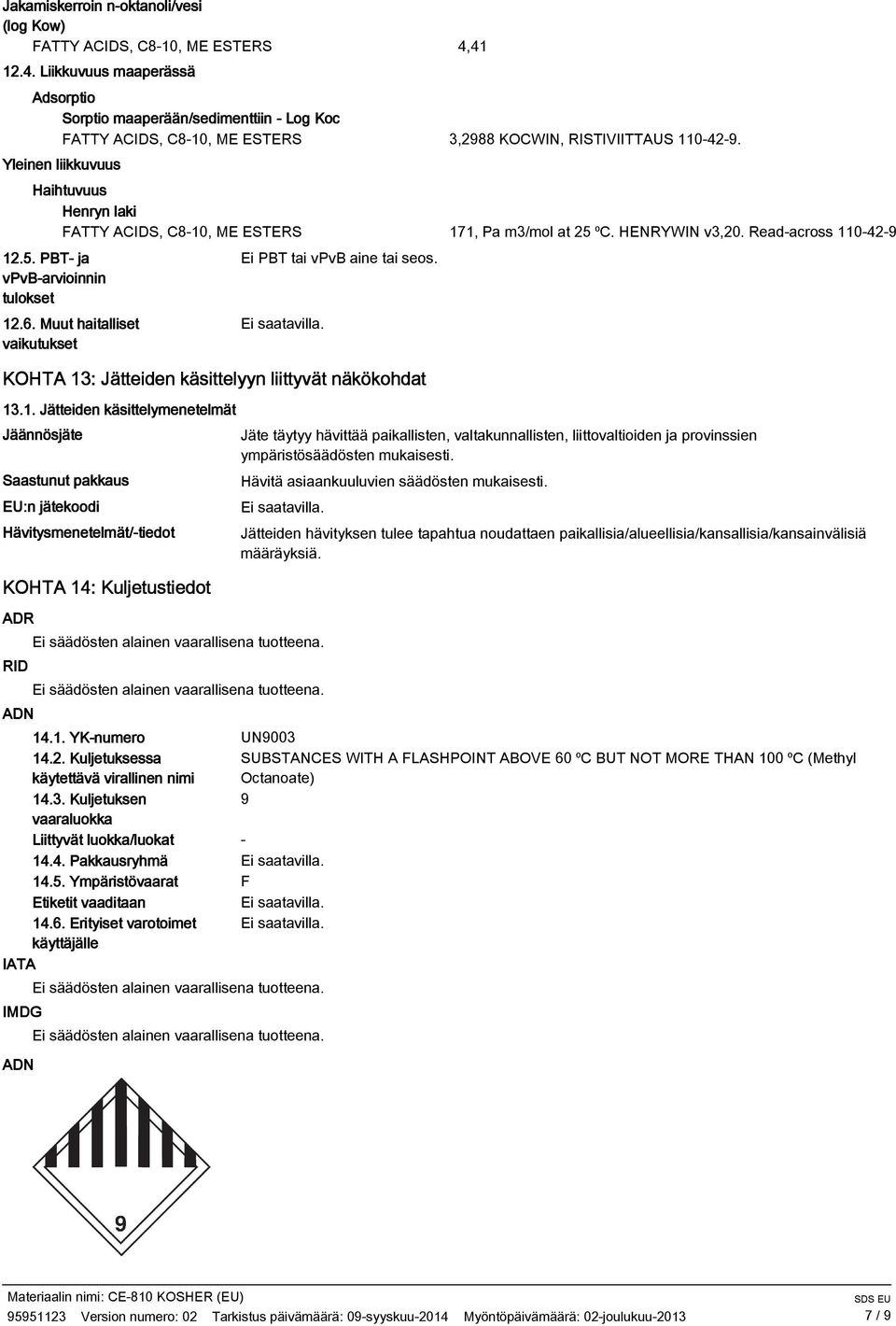 Muut haitalliset vaikutukset PBT tai vpvb aine tai seos. KOHTA 13