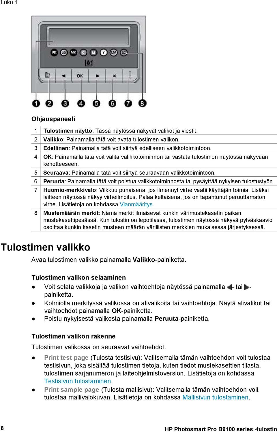 5 Seuraava: Painamalla tätä voit siirtyä seuraavaan valikkotoimintoon. 6 Peruuta: Painamalla tätä voit poistua valikkotoiminnosta tai pysäyttää nykyisen tulostustyön.