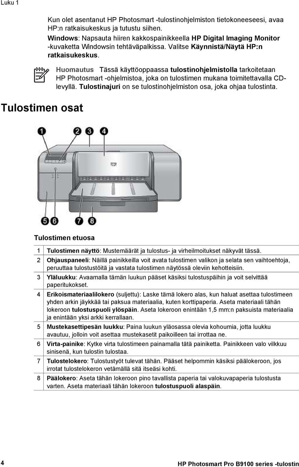 Huomautus Tässä käyttöoppaassa tulostinohjelmistolla tarkoitetaan HP Photosmart -ohjelmistoa, joka on tulostimen mukana toimitettavalla CDlevyllä.