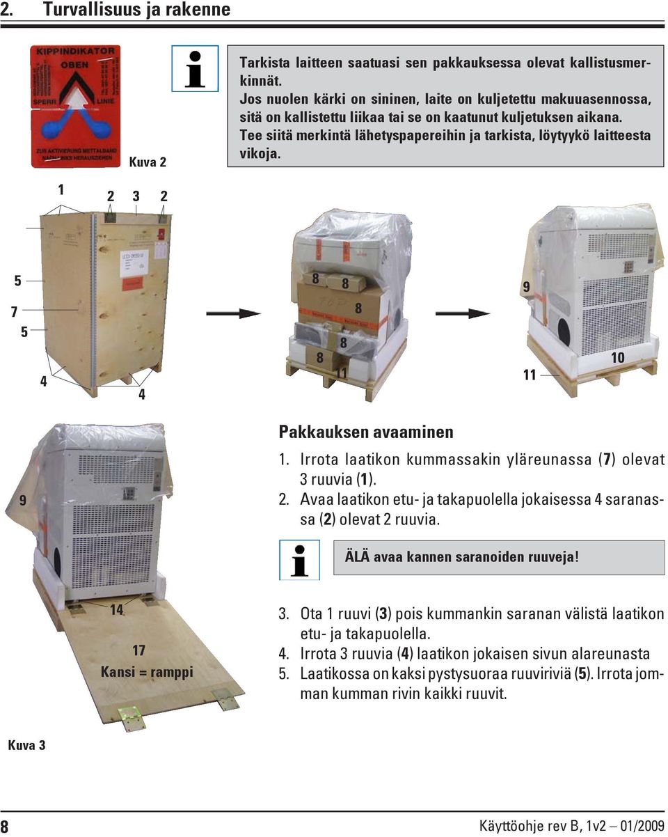 Tee siitä merkintä lähetyspapereihin ja tarkista, löytyykö laitteesta vikoja. 1 2 3 2 5 8 8 9 7 8 5 4 4 8 8 11 11 10 Pakkauksen avaaminen 9 1.