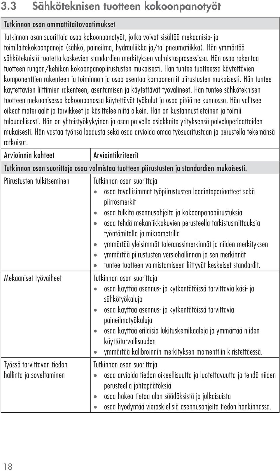 Hän tuntee tuotteessa käytettävien komponenttien rakenteen ja toiminnan ja osaa asentaa komponentit piirustusten mukaisesti.