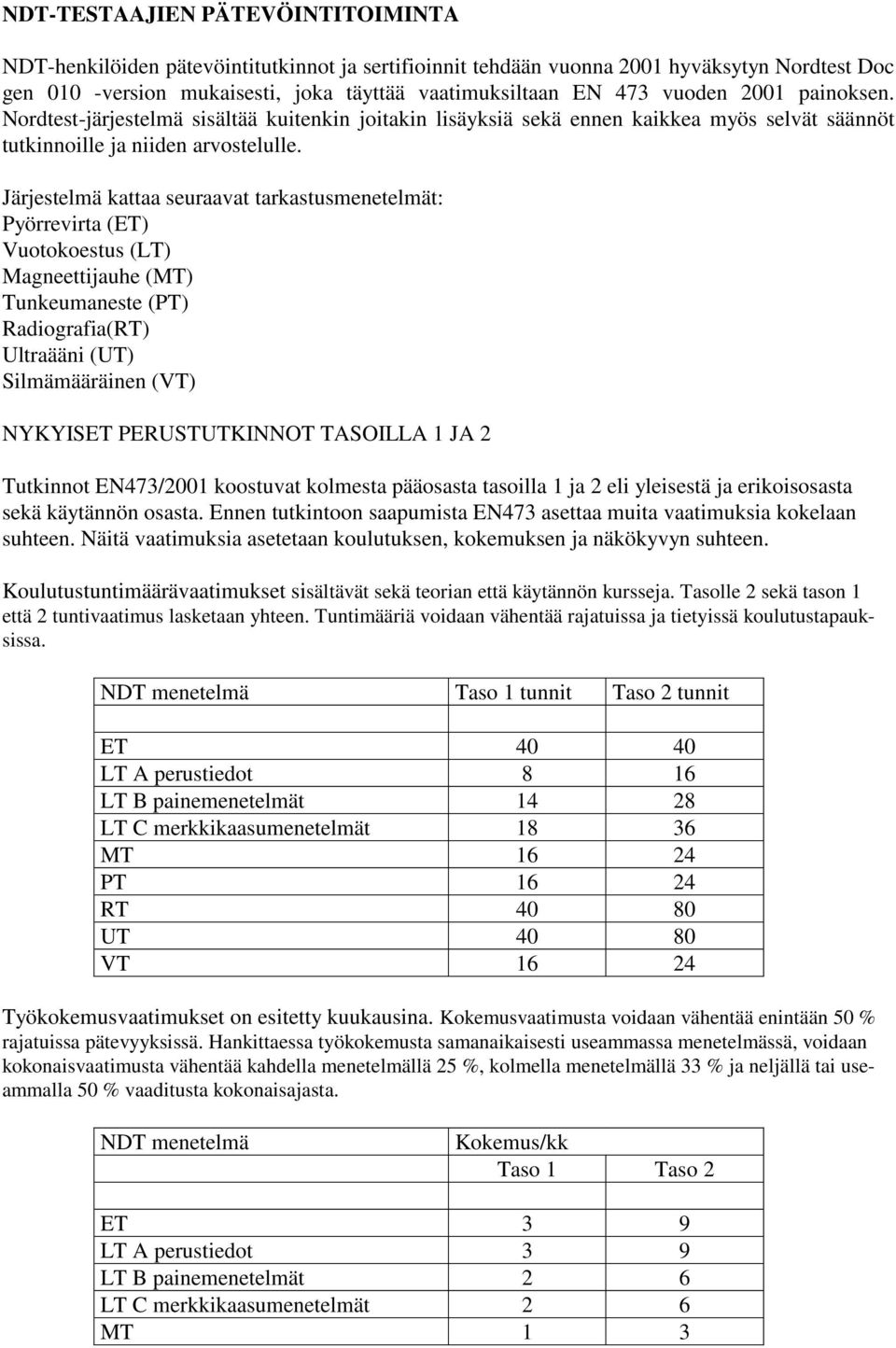 Järjestelmä kattaa seuraavat tarkastusmenetelmät: Pyörrevirta (ET) Vuotokoestus (LT) Magneettijauhe (MT) Tunkeumaneste (PT) Radiografia(RT) Ultraääni (UT) Silmämääräinen (VT) NYKYISET PERUSTUTKINNOT