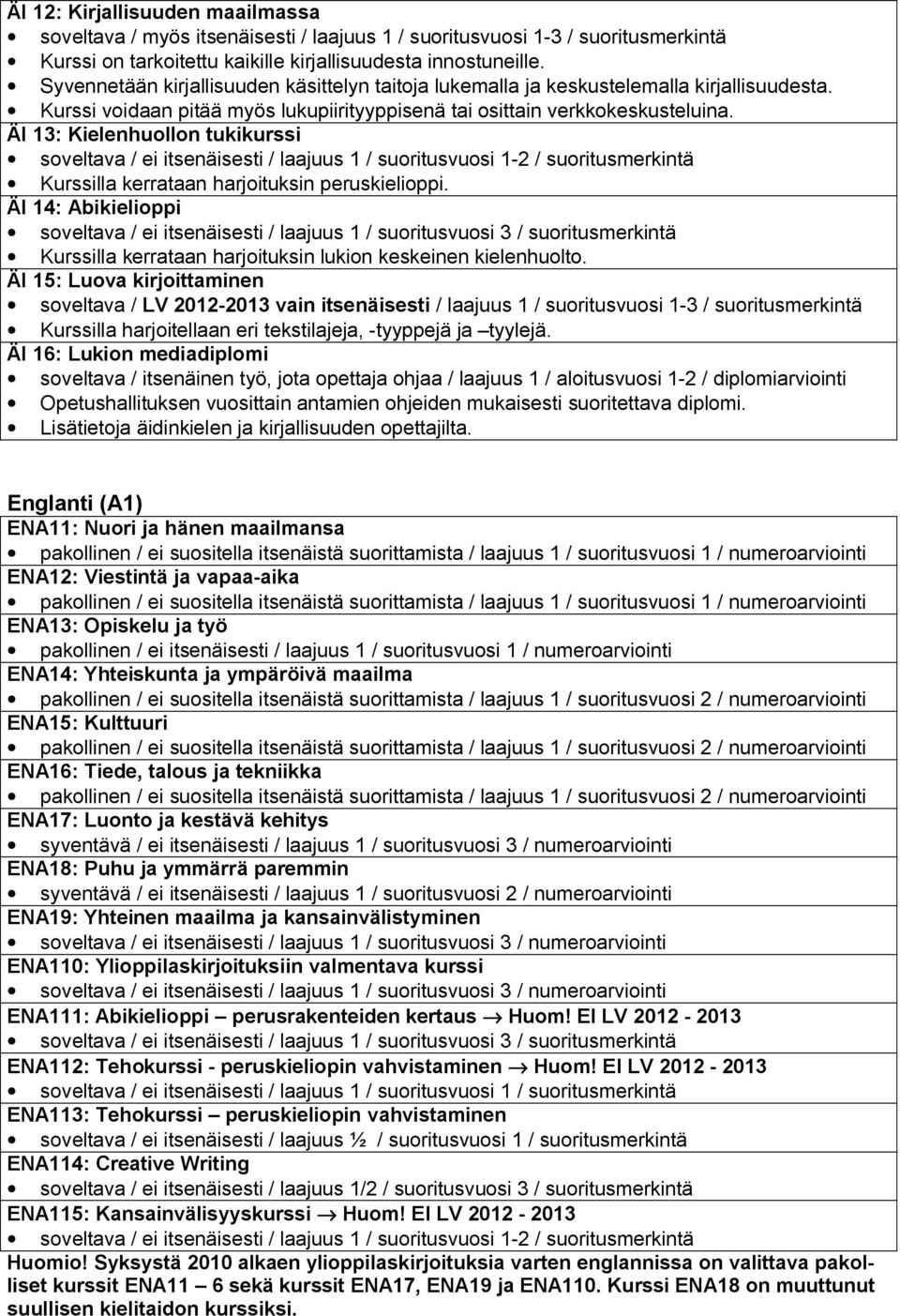 ÄI 13: Kielenhuollon tukikurssi soveltava / ei itsenäisesti / laajuus 1 / suoritusvuosi 1-2 / suoritusmerkintä Kurssilla kerrataan harjoituksin peruskielioppi.