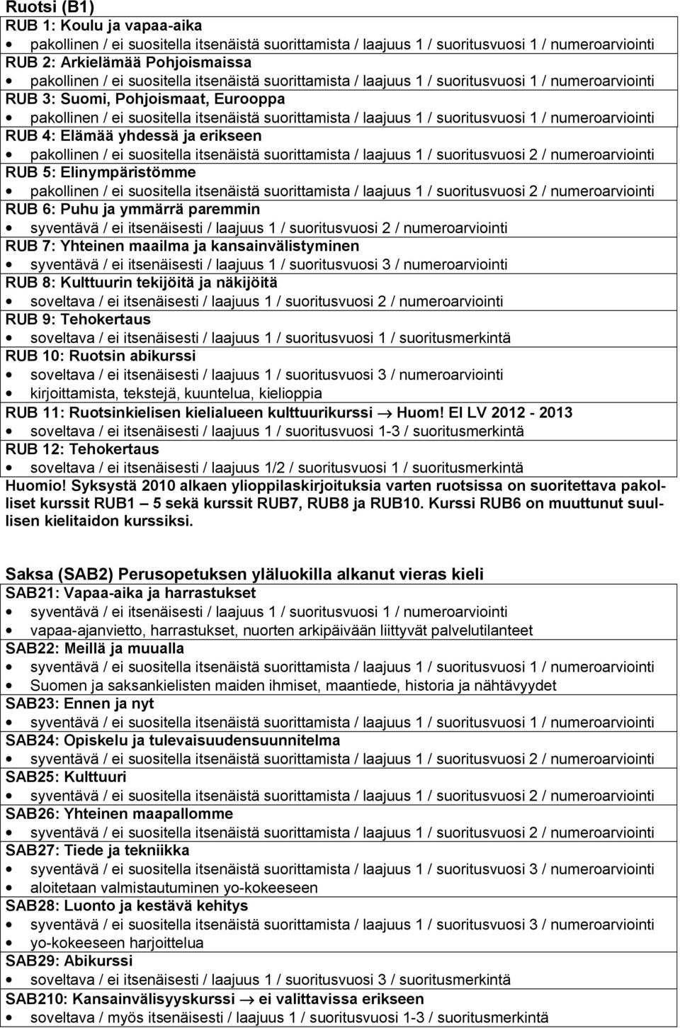 RUB 8: Kulttuurin tekijöitä ja näkijöitä soveltava / ei itsenäisesti / laajuus 1 / suoritusvuosi 2 / numeroarviointi RUB 9: Tehokertaus soveltava / ei itsenäisesti / laajuus 1 / suoritusvuosi 1 /