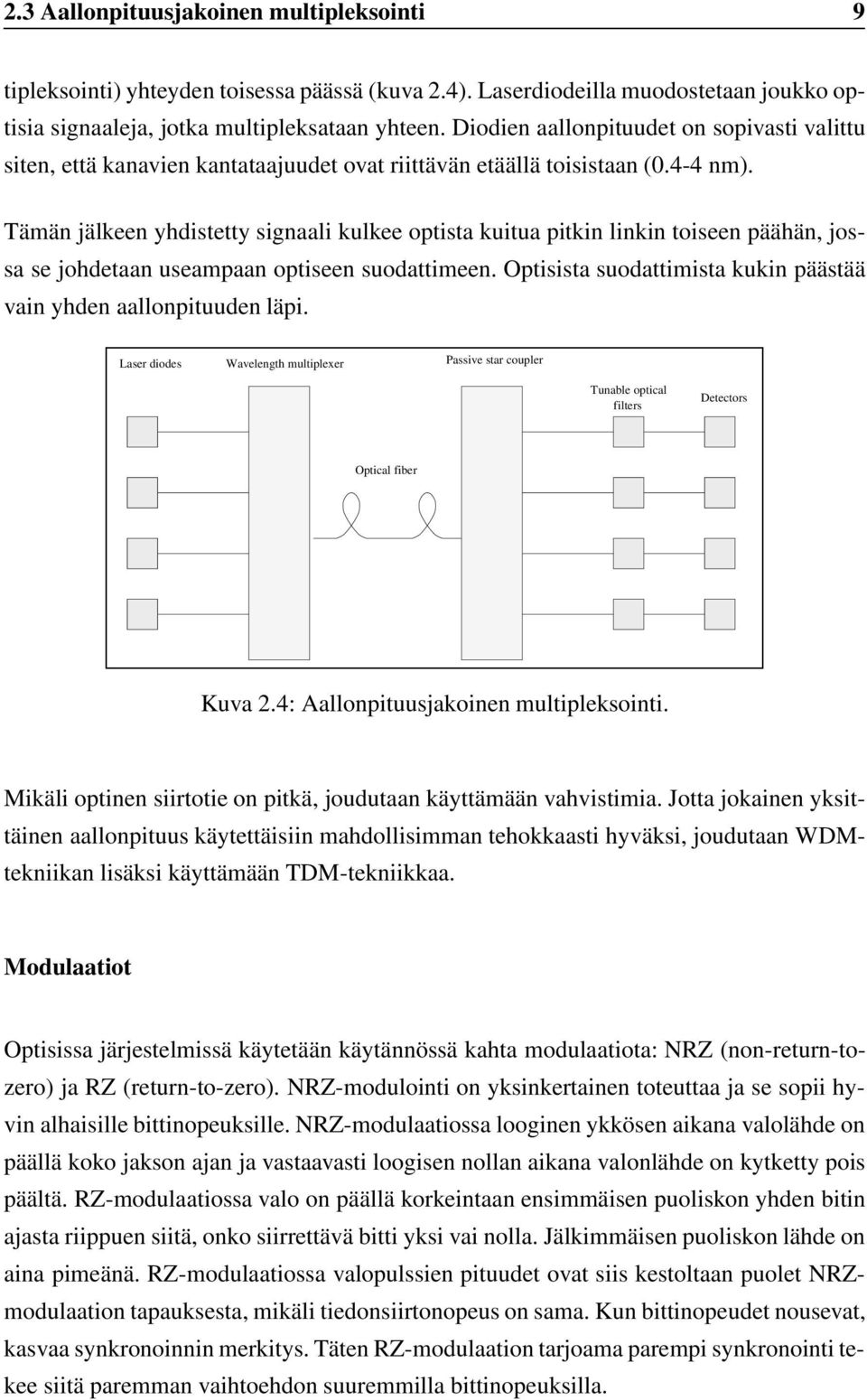 Tämän jälkeen yhdistetty signaali kulkee optista kuitua pitkin linkin toiseen päähän, jossa se johdetaan useampaan optiseen suodattimeen.