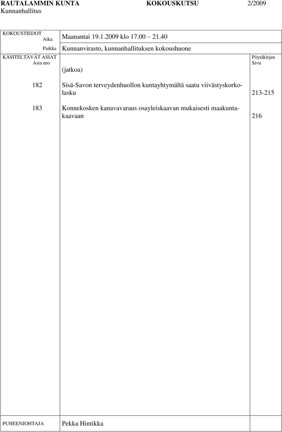 40 Paikka KÄSITELTÄVÄT ASIAT Asia nro Kunnanvirasto, kunnanhallituksen kokoushuone (jatkoa)