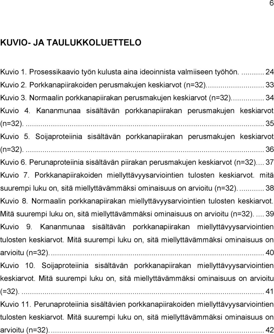 Soijaproteiinia sisältävän porkkanapiirakan perusmakujen keskiarvot (n=32).... 36 Kuvio 6. Perunaproteiinia sisältävän piirakan perusmakujen keskiarvot (n=32)... 37 Kuvio 7.