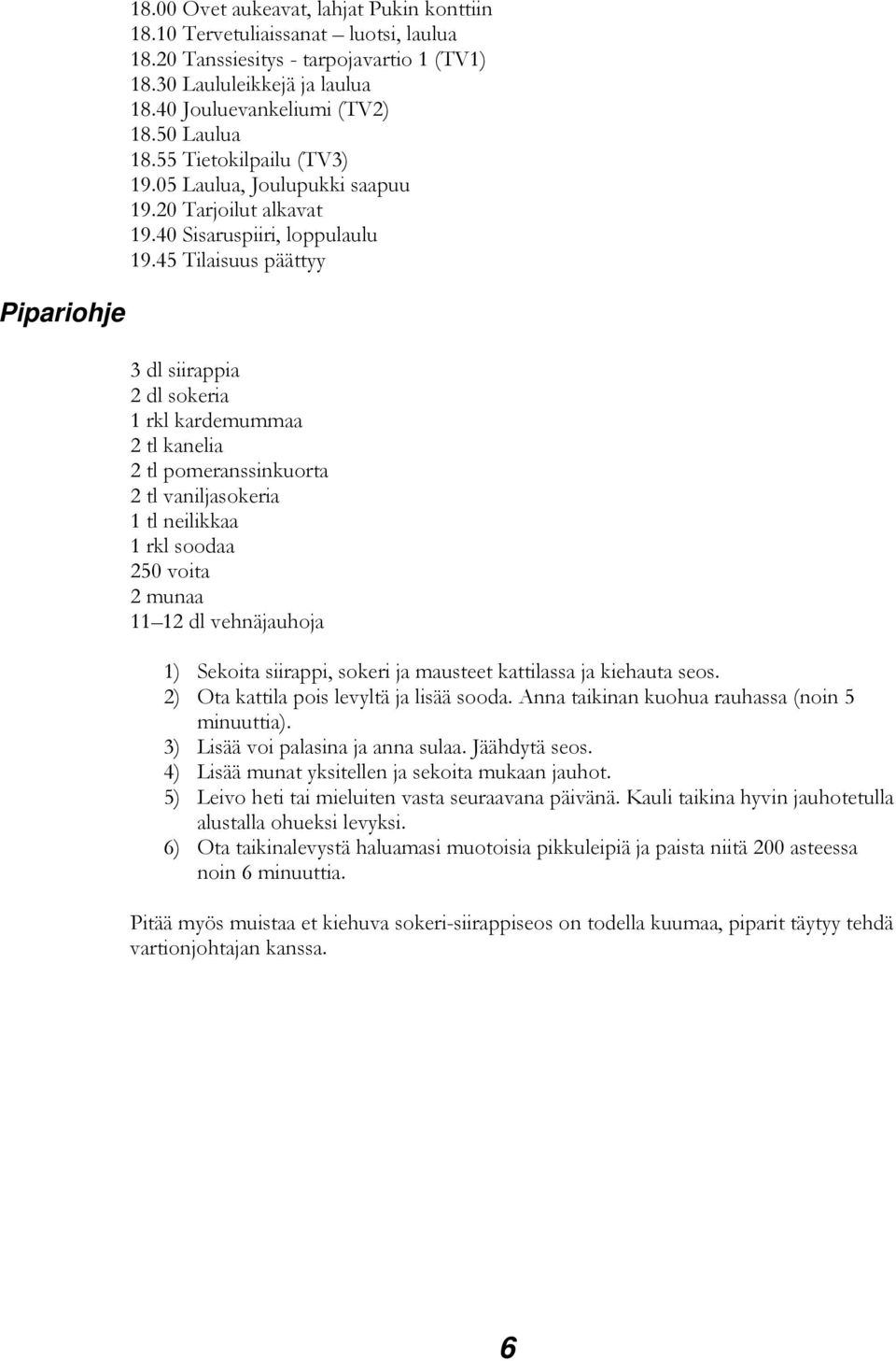 45 Tilaisuus päättyy Pipariohje 3 dl siirappia 2 dl sokeria 1 rkl kardemummaa 2 tl kanelia 2 tl pomeranssinkuorta 2 tl vaniljasokeria 1 tl neilikkaa 1 rkl soodaa 250 voita 2 munaa 11 12 dl