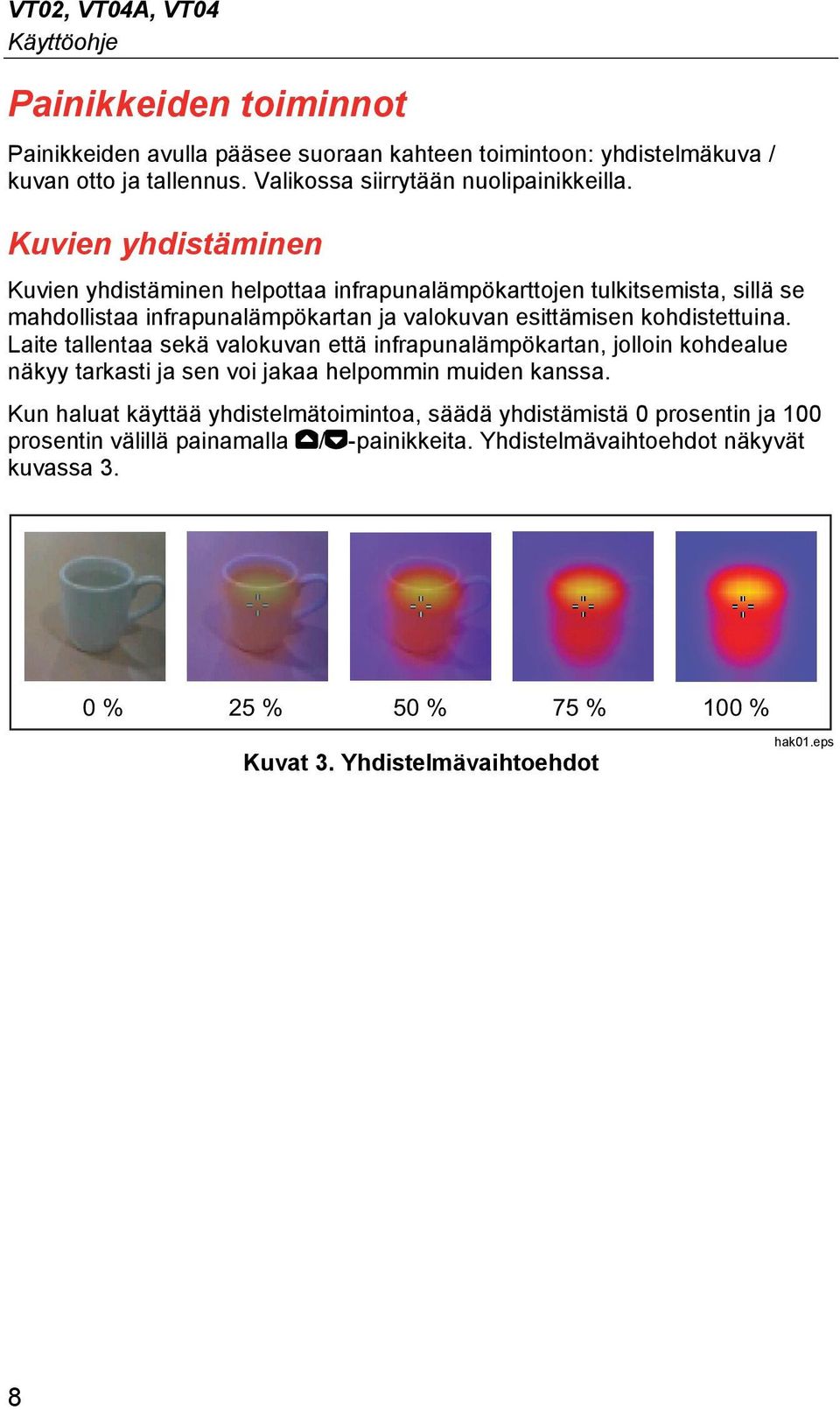 Kuvien yhdistäminen Kuvien yhdistäminen helpottaa infrapunalämpökarttojen tulkitsemista, sillä se mahdollistaa infrapunalämpökartan ja valokuvan esittämisen kohdistettuina.