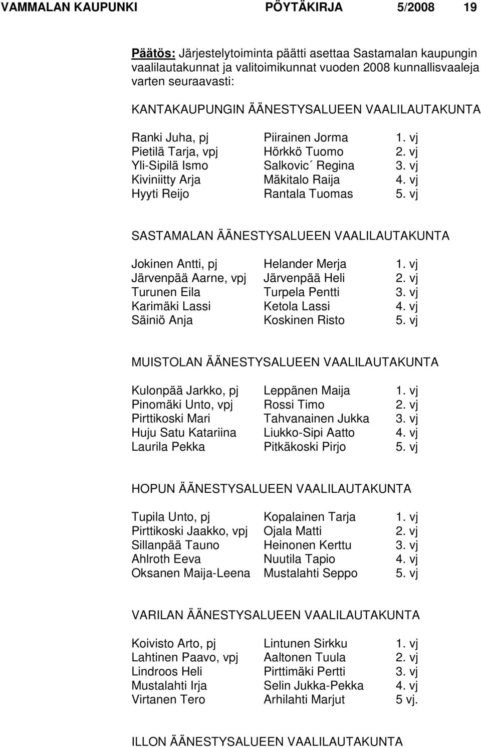 vj Hyyti Reijo Rantala Tuomas 5. vj SASTAMALAN ÄÄNESTYSALUEEN VAALILAUTAKUNTA Jokinen Antti, pj Helander Merja 1. vj Järvenpää Aarne, vpj Järvenpää Heli 2. vj Turunen Eila Turpela Pentti 3.