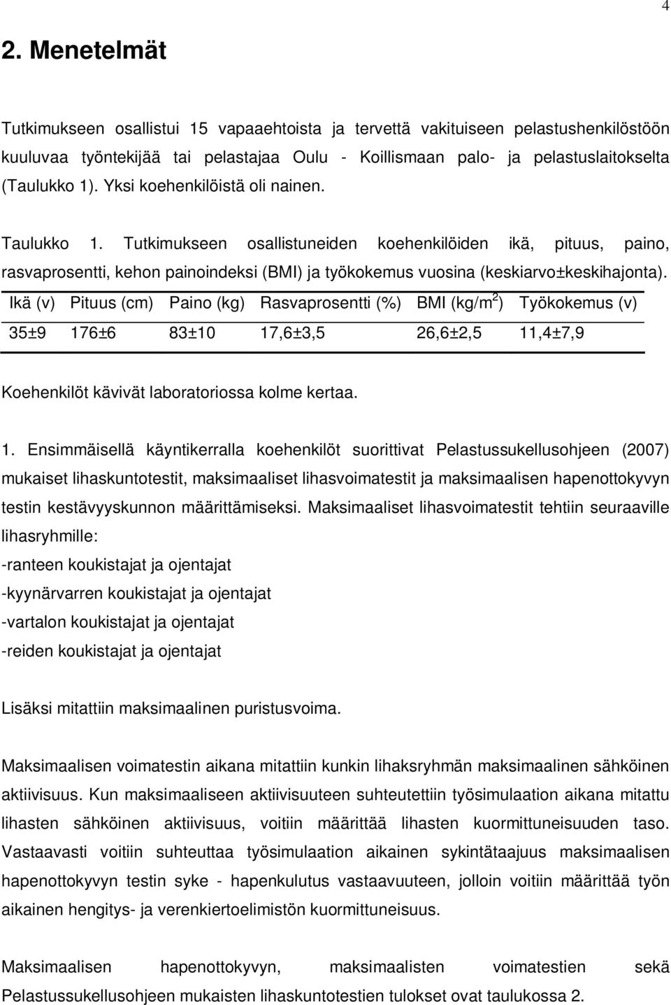 Ikä (v) Pituus (cm) Paino (kg) Rasvaprosentti (%) BMI (kg/m 2 ) Työkokemus (v) 35±9 17