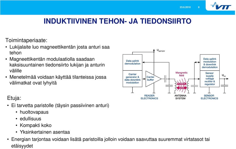 tilanteissa jossa välimatkat ovat lyhyitä Etuja: Ei tarvetta paristolle (täysin passiivinen anturi) huoltovapaus edullisuus