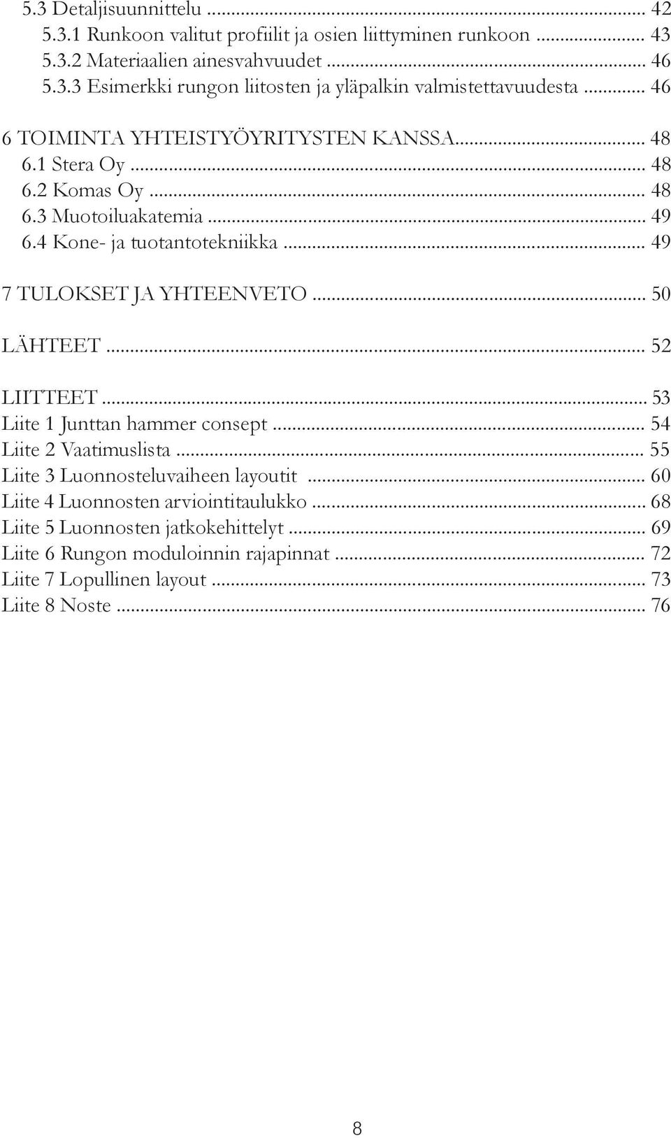 .. 49 7 TULOKSET JA YHTEENVETO... 50 LÄHTEET... 52 LIITTEET... 53 Liite 1 Junttan hammer consept... 54 Liite 2 Vaatimuslista... 55 Liite 3 Luonnosteluvaiheen layoutit.