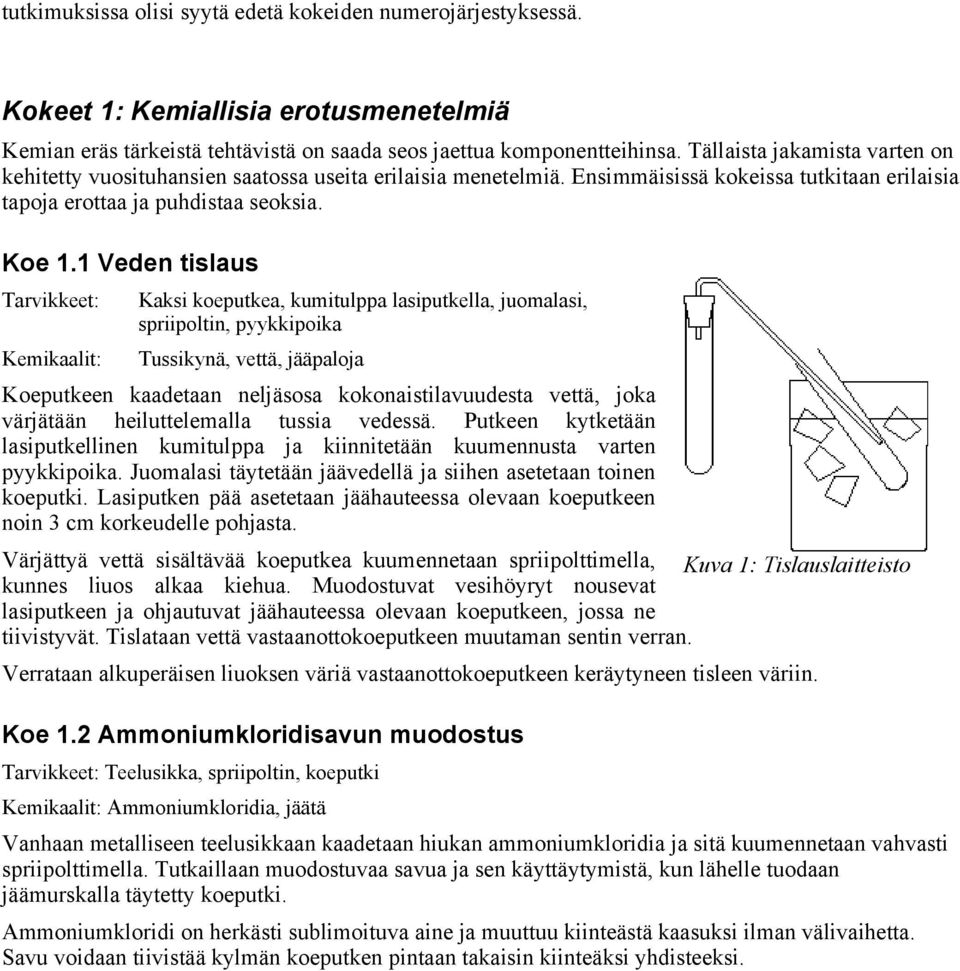 1 Veden tislaus Kaksi koeputkea, kumitulppa lasiputkella, juomalasi, spriipoltin, pyykkipoika Tussikynä, vettä, jääpaloja Koeputkeen kaadetaan neljäsosa kokonaistilavuudesta vettä, joka värjätään