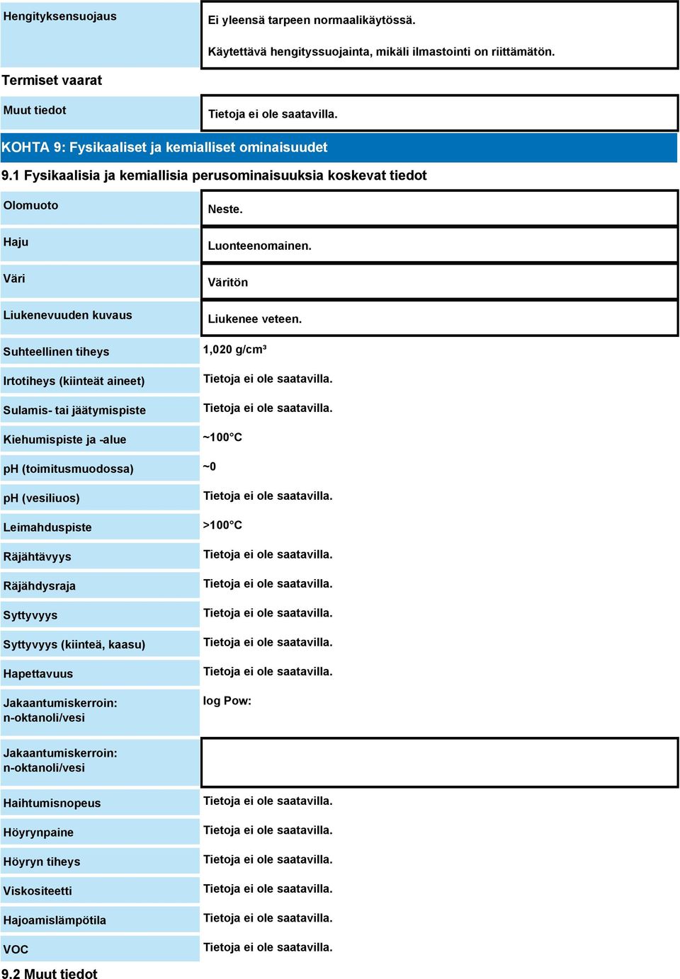 1 Fysikaalisia ja kemiallisia perusominaisuuksia koskevat tiedot Olomuoto Haju Väri Liukenevuuden kuvaus Suhteellinen tiheys Irtotiheys (kiinteät aineet) Sulamis- tai jäätymispiste Kiehumispiste