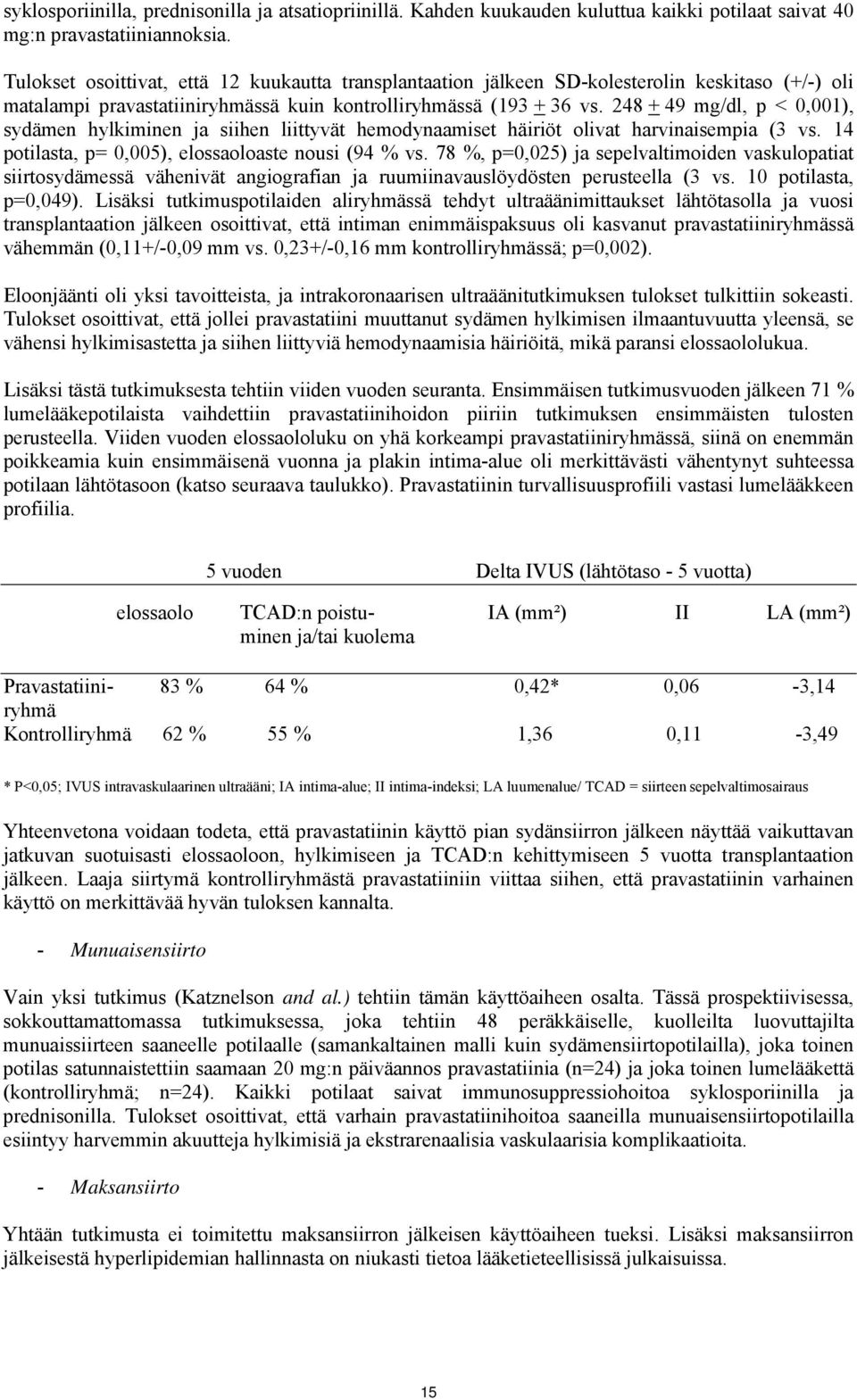 248 + 49 mg/dl, p < 0,001), sydämen hylkiminen ja siihen liittyvät hemodynaamiset häiriöt olivat harvinaisempia (3 vs. 14 potilasta, p= 0,005), elossaoloaste nousi (94 % vs.