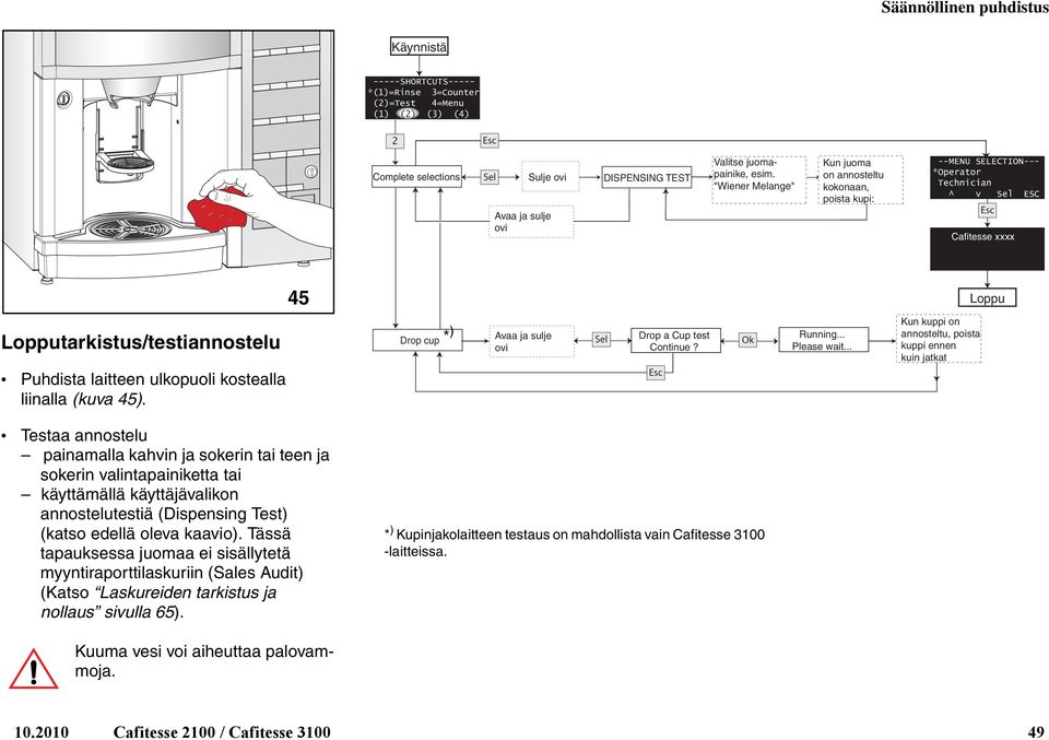 "Wiener Melange" Kun juoma on annosteltu kokonaan, poista kupi: --MENU SELECTION--- *Operator Technician ^ v Sel ESC Esc Cafitesse xxxx 45 Loppu Lopputarkistus/testiannostelu Puhdista laitteen