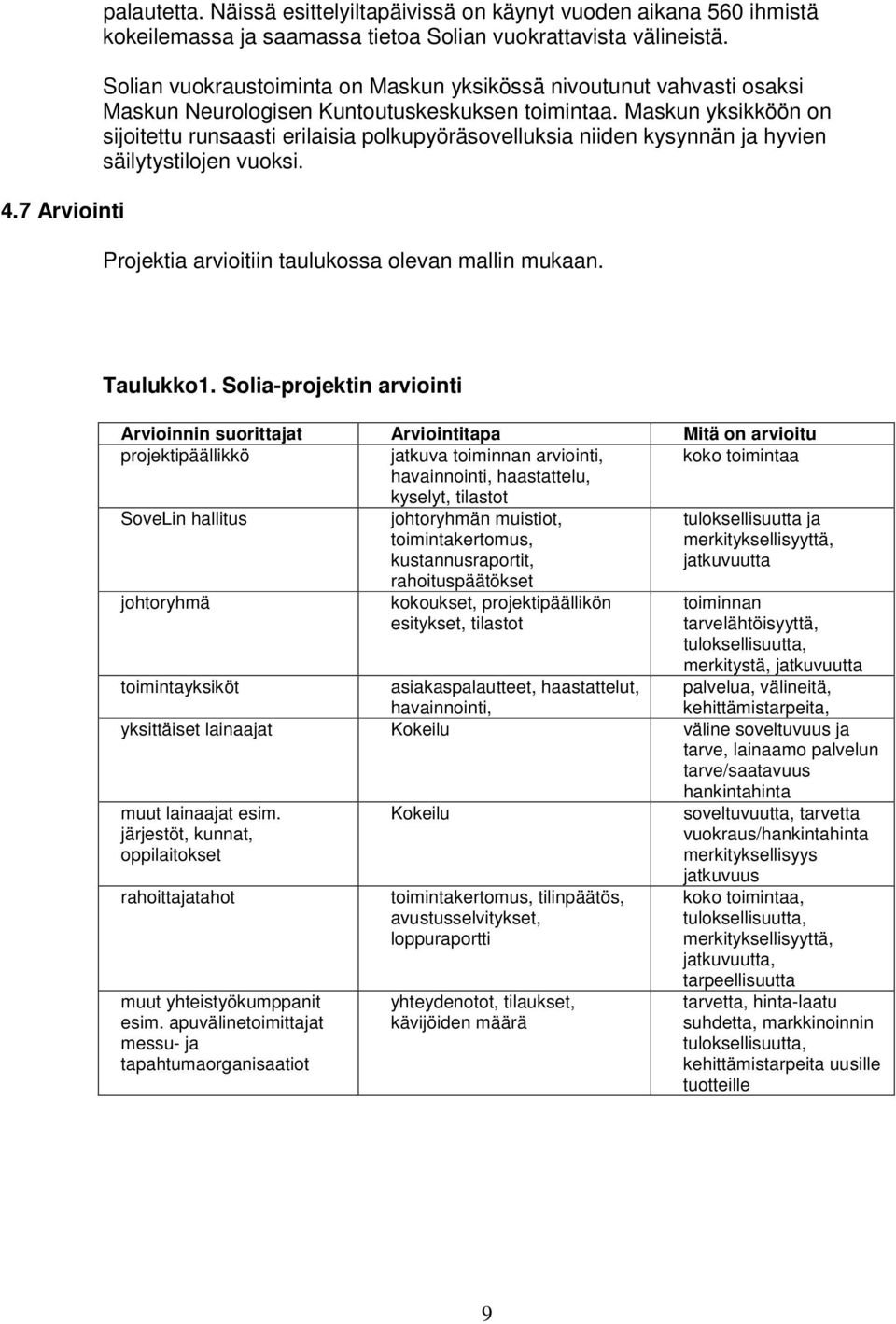 Maskun yksikköön on sijoitettu runsaasti erilaisia polkupyöräsovelluksia niiden kysynnän ja hyvien säilytystilojen vuoksi. Projektia arvioitiin taulukossa olevan mallin mukaan. Taulukko1.