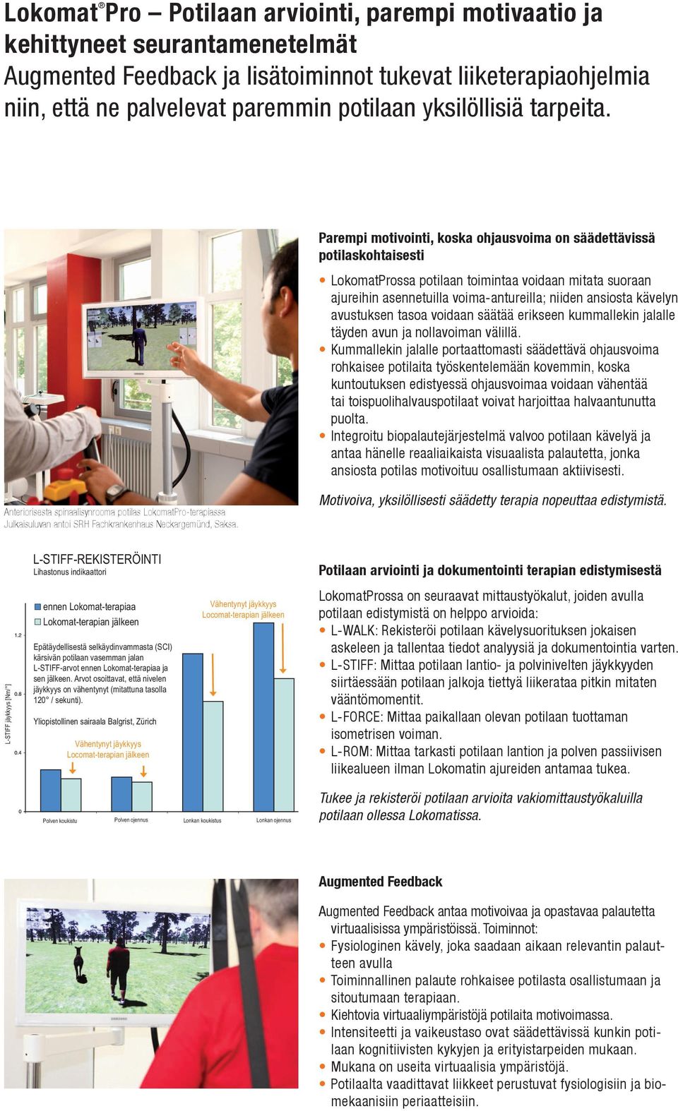 Parempi motivointi, koska ohjausvoima on säädettävissä potilaskohtaisesti LokomatProssa potilaan toimintaa voidaan mitata suoraan ajureihin asennetuilla voima-antureilla; niiden ansiosta kävelyn