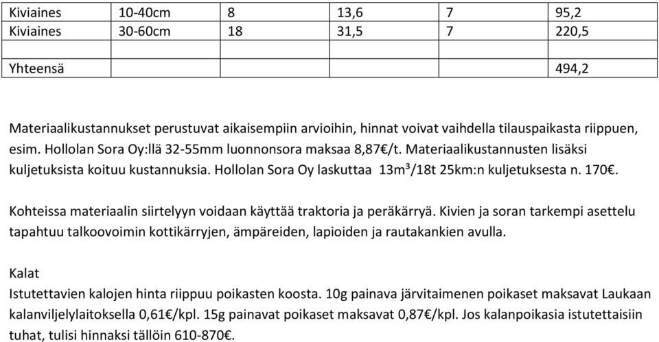 Kohteissa materiaalin siirtelyyn voidaan käyttää traktoria ja peräkärryä. Kivien ja soran tarkempi asettelu tapahtuu talkoovoimin kottikärryjen, ämpäreiden, lapioiden ja rautakankien avulla.