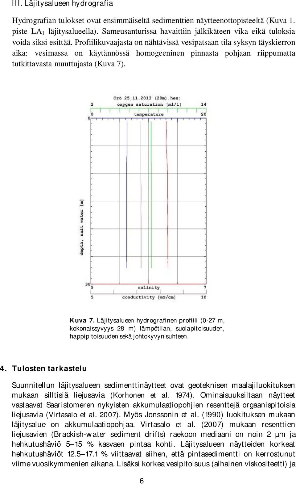 Profiilikuvaajasta on nähtävissä vesipatsaan tila syksyn täyskierron aika: vesimassa on käytännössä homogeeninen pinnasta pohjaan riippumatta tutkittavasta muuttujasta (Kuva 7). Kuva 7.