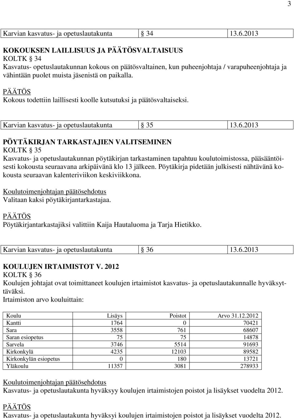 Kokous todettiin laillisesti koolle kutsutuksi ja päätösvaltaiseksi. Karvian kasvatus- ja opetuslautakunta 35 13.6.