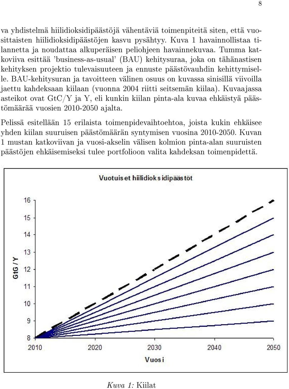 Tumma katkoviiva esittää 'business-as-usual' (BAU) kehitysuraa, joka on tähänastisen kehityksen projektio tulevaisuuteen ja ennuste päästövauhdin kehittymiselle.