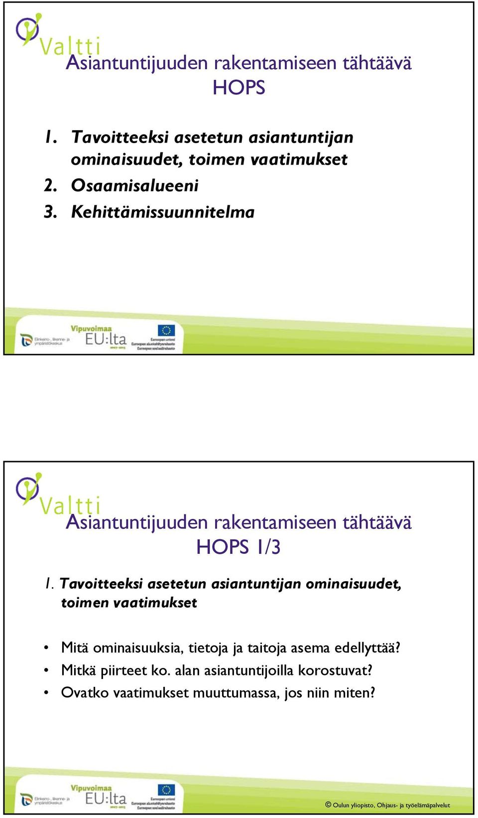 Kehittämissuunnitelma Asiantuntijuuden rakentamiseen tähtäävä HOPS 1/3 1.