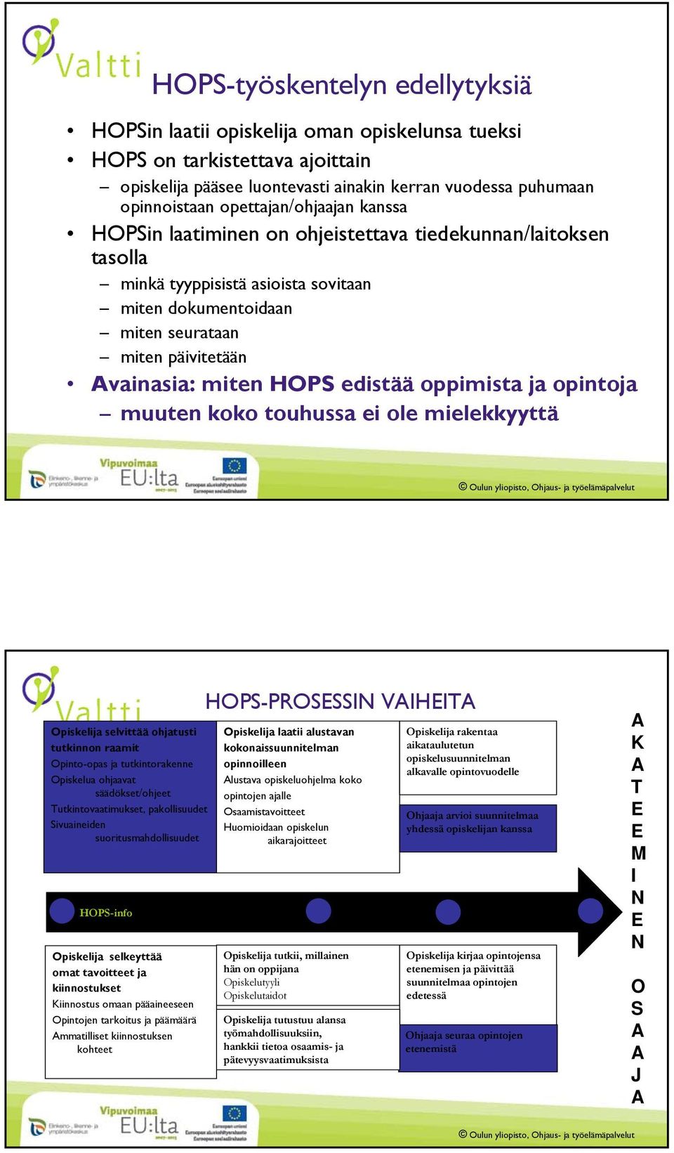 HOPS edistää oppimista ja opintoja muuten koko touhussa ei ole mielekkyyttä Opiskelija selvittää ohjatusti tutkinnon raamit Opinto-opas ja tutkintorakenne Opiskelua ohjaavat säädökset/ohjeet