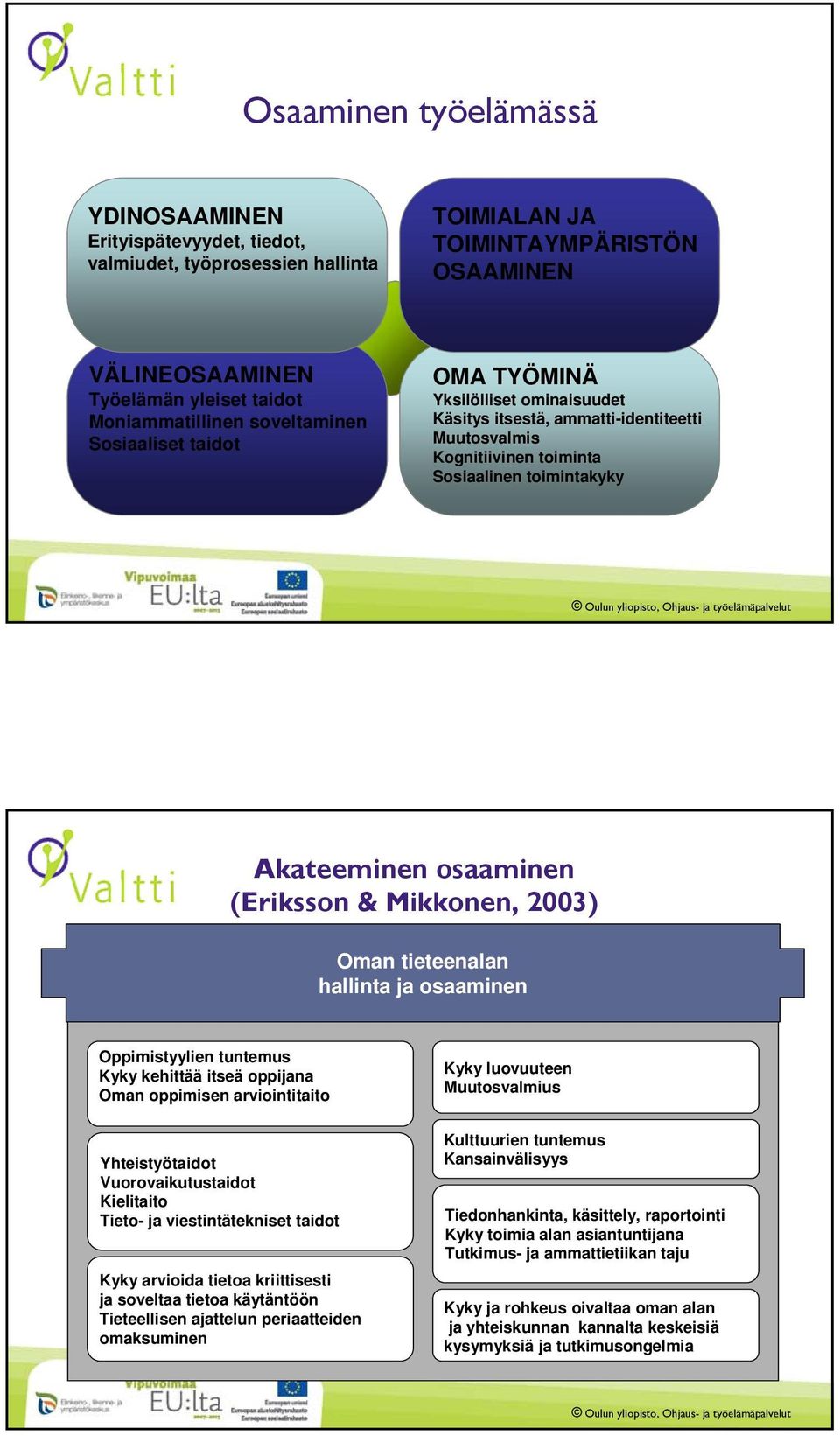 (Eriksson & Mikkonen, 2003) Oman tieteenalan hallinta ja osaaminen Oppimistyylien tuntemus Kyky kehittää itseä oppijana Oman oppimisen arviointitaito Yhteistyötaidot Vuorovaikutustaidot Kielitaito