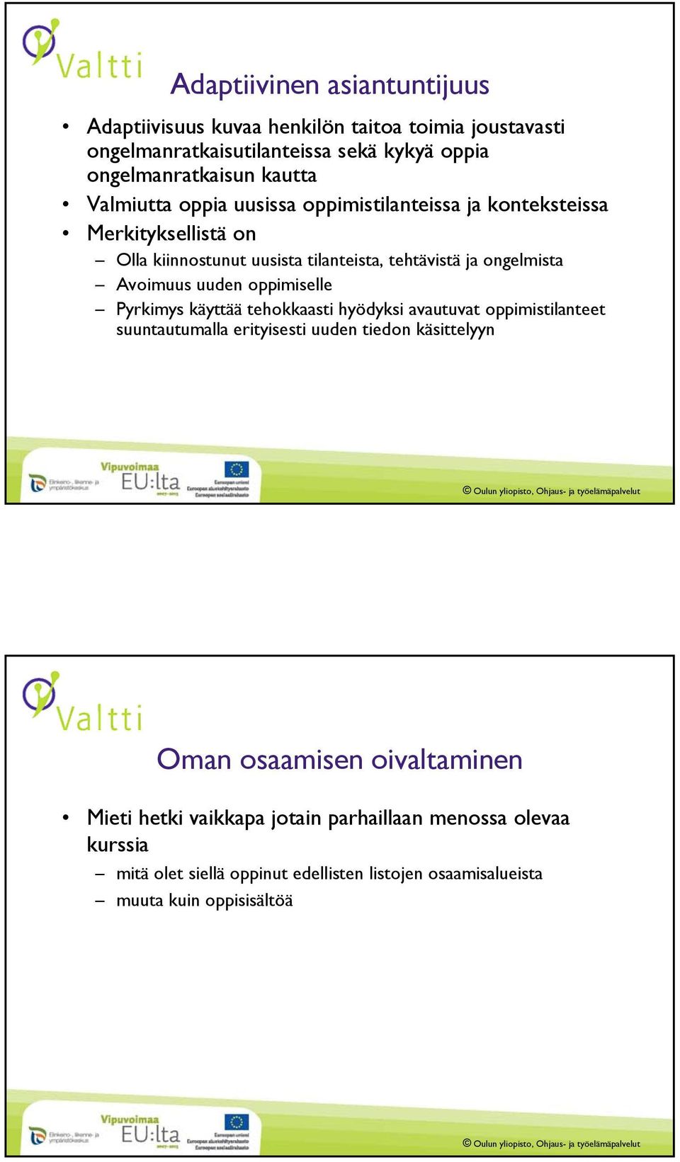 uuden oppimiselle Pyrkimys käyttää tehokkaasti hyödyksi avautuvat oppimistilanteet suuntautumalla erityisesti uuden tiedon käsittelyyn Oman osaamisen