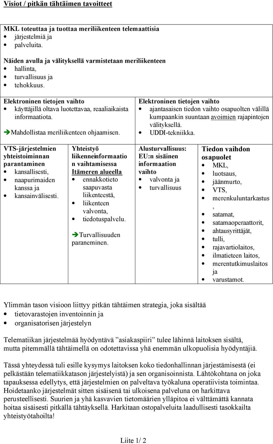 Mahdollistaa meriliikenteen ohjaamisen. Elektroninen tietojen vaihto ajantasaisen tiedon vaihto osapuolten välillä kumpaankin suuntaan avoimien rajapintojen välityksellä. UDDI-tekniikka.