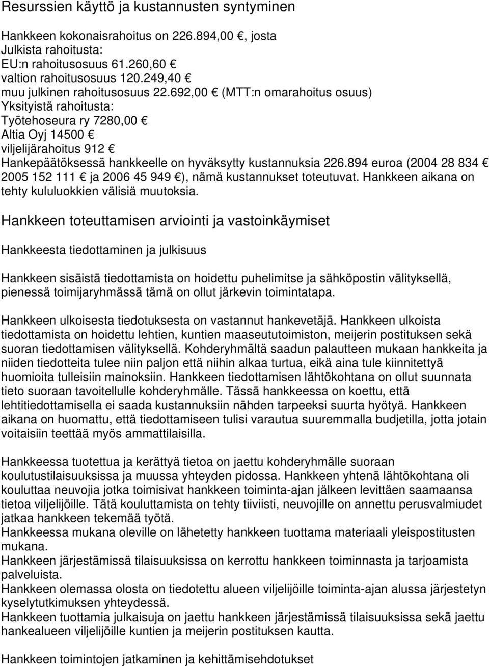 692,00 (MTT:n omarahoitus osuus) Yksityistä rahoitusta: Työtehoseura ry 7280,00 Altia Oyj 14500 viljelijärahoitus 912 Hankepäätöksessä hankkeelle on hyväksytty kustannuksia 226.