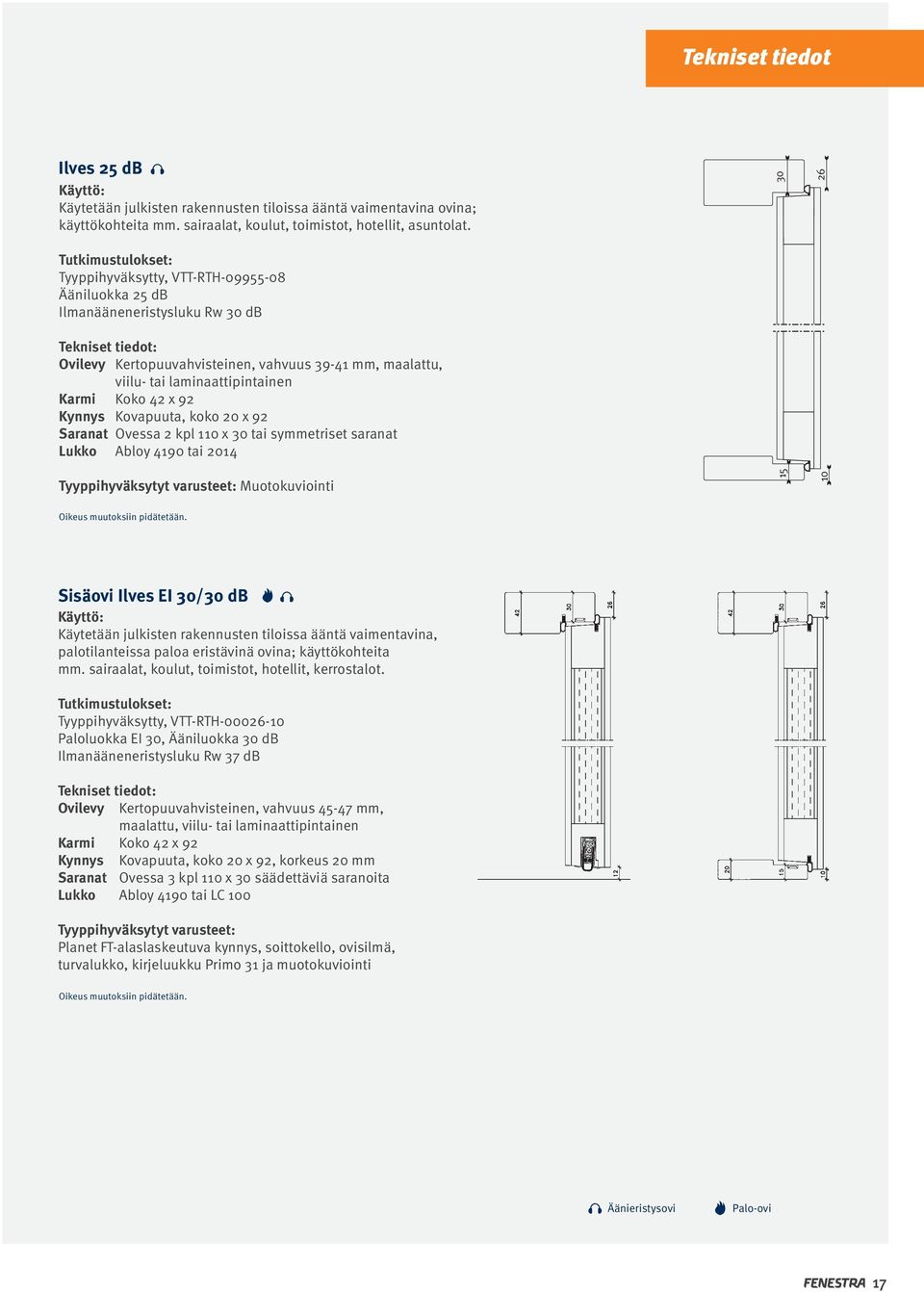 laminaattipintainen Karmi Koko 42 x 92 Kynnys Kovapuuta, koko 20 x 92 Saranat Ovessa 2 kpl 110 x 30 tai symmetriset saranat Lukko Abloy 4190 tai 2014 Tyyppihyväksytyt varusteet: Muotokuviointi 30 15