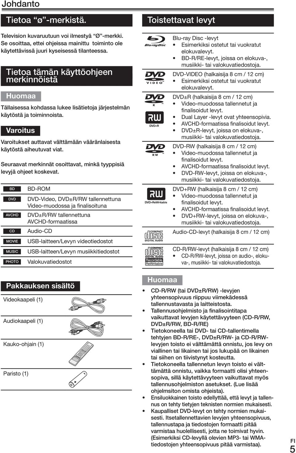 Seuraavat merkinnät osoittavat, minkä tyyppisiä levyjä ohjeet koskevat. BD DVD AVCHD CD movie music PHoTo BD-ROM DVD-Video,.DVD±R/RW.tallennettuna. Video-muodossa.ja.finalisoituna DVD±R/RW.