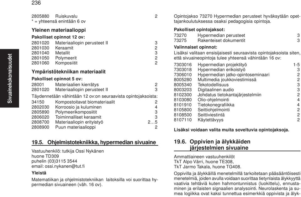 Korroosio ja kuluminen 4 2805890 Polymeerikomposiitit 3 2806020 Toiminnalliset keraamit 3 2808700 Materiaaliopin erityistyö 2 5 2808900 Puun materiaalioppi 2 19.5. Ohjelmistotekniikka, hypermedian sivuaine Vastuuhenkilö: tutkija Ossi Nykänen huone TD309 puhelin (03)3115 3544 email: ossi.