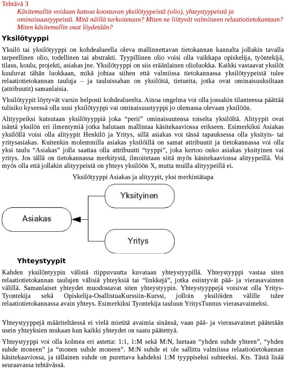 Tyypillinen olio voisi olla vaikkapa opiskelija, työntekijä, tilaus, koulu, projekti, asiakas jne. Yksilötyyppi on siis eräänlainen olioluokka.