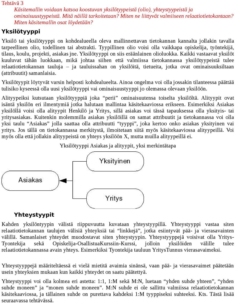 Tyypillinen olio voisi olla vaikkapa opiskelija, työntekijä, tilaus, koulu, projekti, asiakas jne. Yksilötyyppi on siis eräänlainen olioluokka.