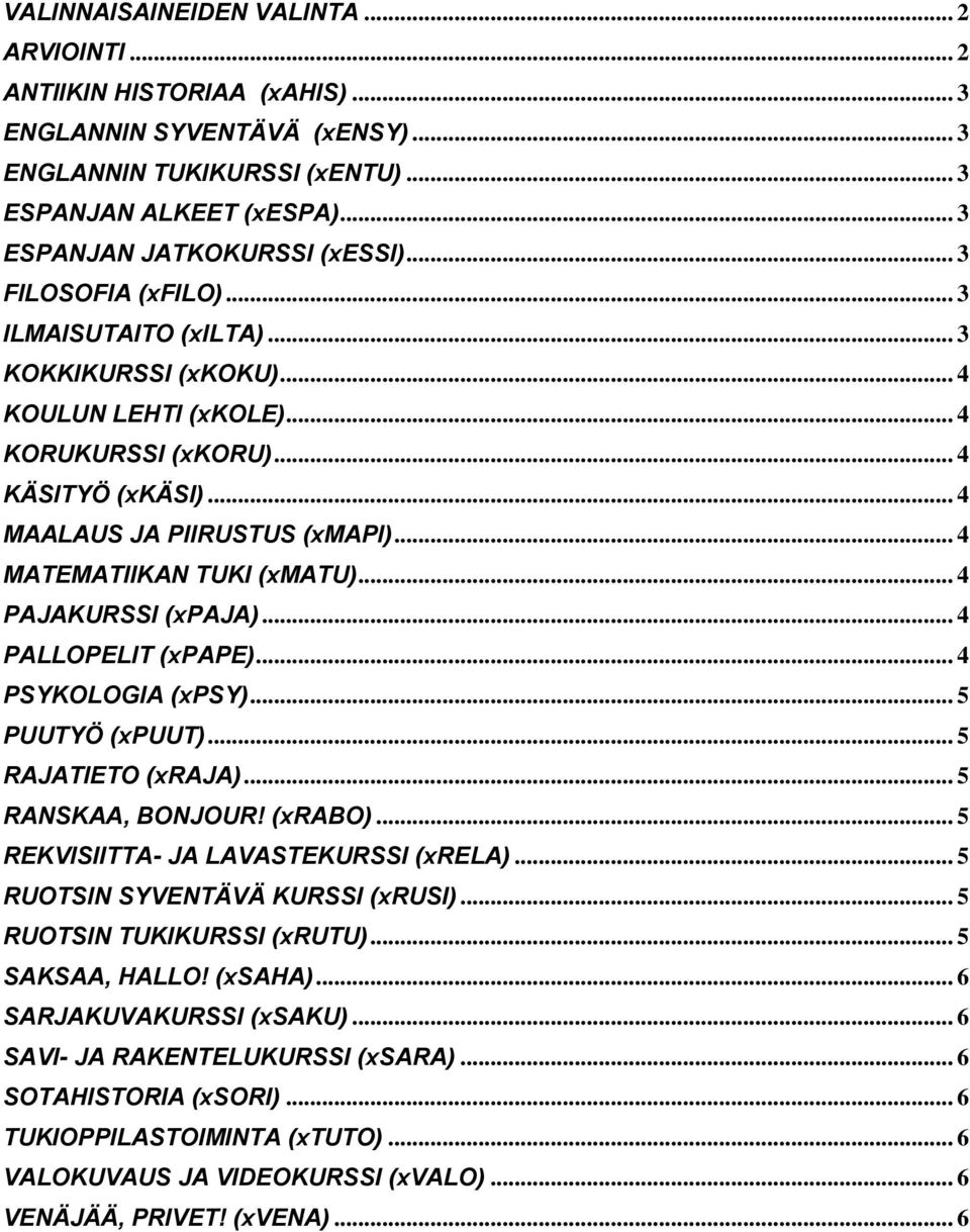 .. 4 MAALAUS JA PIIRUSTUS (xmapi)... 4 MATEMATIIKAN TUKI (xmatu)... 4 PAJAKURSSI (xpaja)... 4 PALLOPELIT (xpape)... 4 PSYKOLOGIA (xpsy)... 5 PUUTYÖ (xpuut)... 5 RAJATIETO (xraja)... 5 RANSKAA, BONJOUR!