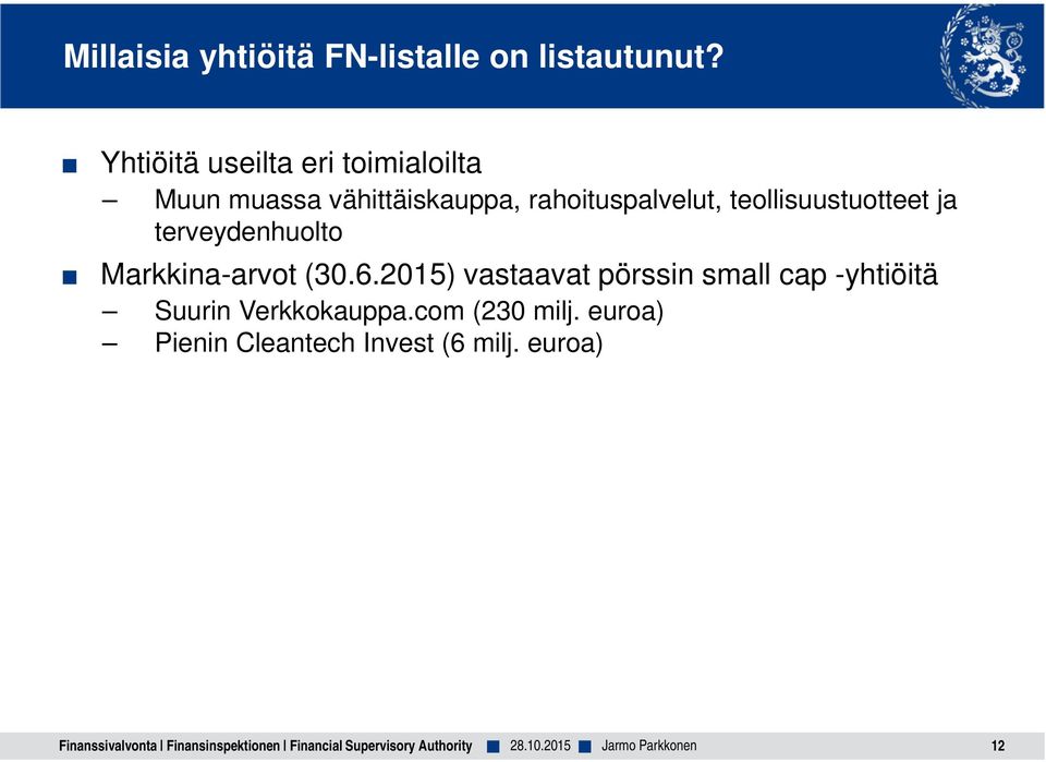 teollisuustuotteet ja terveydenhuolto Markkina-arvot (30.6.