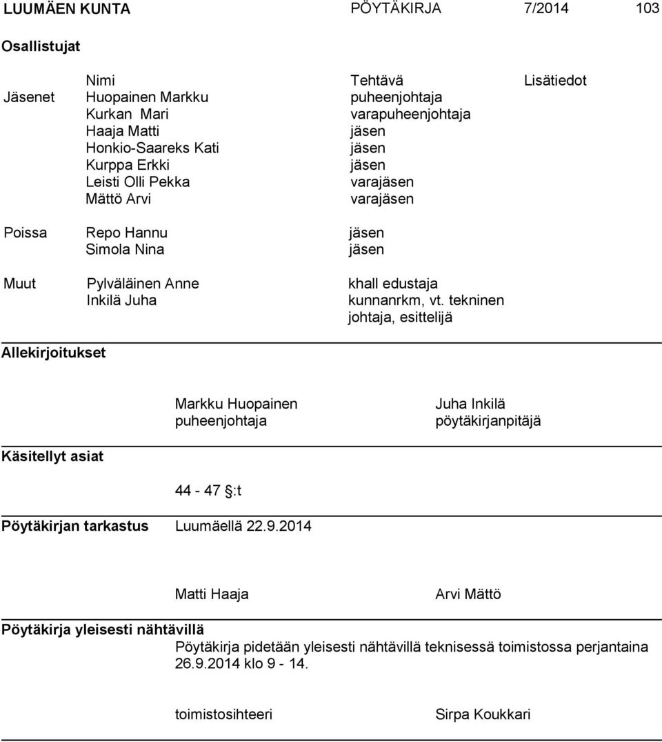 tekninen johtaja, esittelijä Allekirjoitukset Markku Huopainen puheenjohtaja Juha Inkilä pöytäkirjanpitäjä Käsitellyt asiat 44-47 :t Pöytäkirjan tarkastus Luumäellä 22.9.