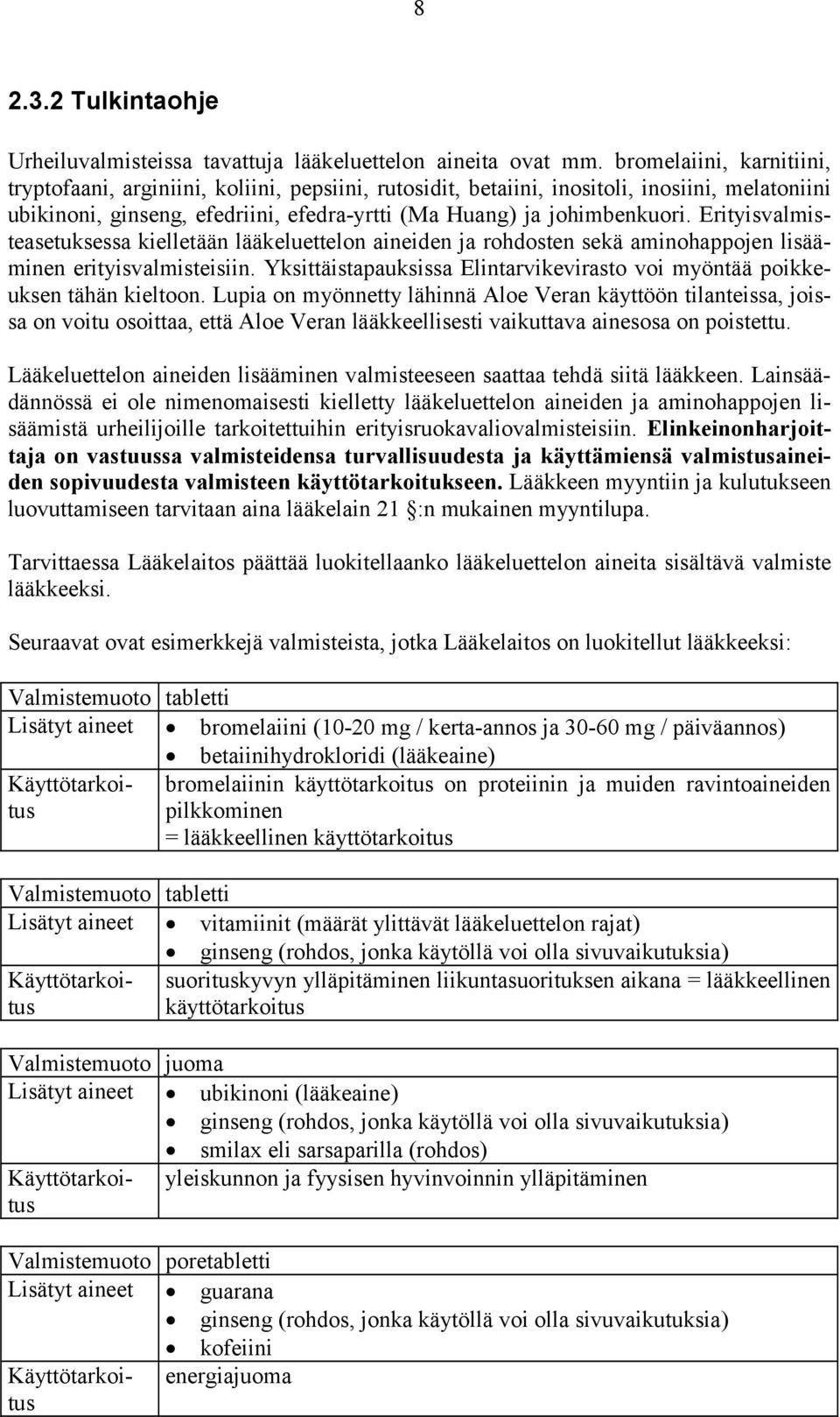 Erityisvalmisteasetuksessa kielletään lääkeluettelon aineiden ja rohdosten sekä aminohappojen lisääminen erityisvalmisteisiin.