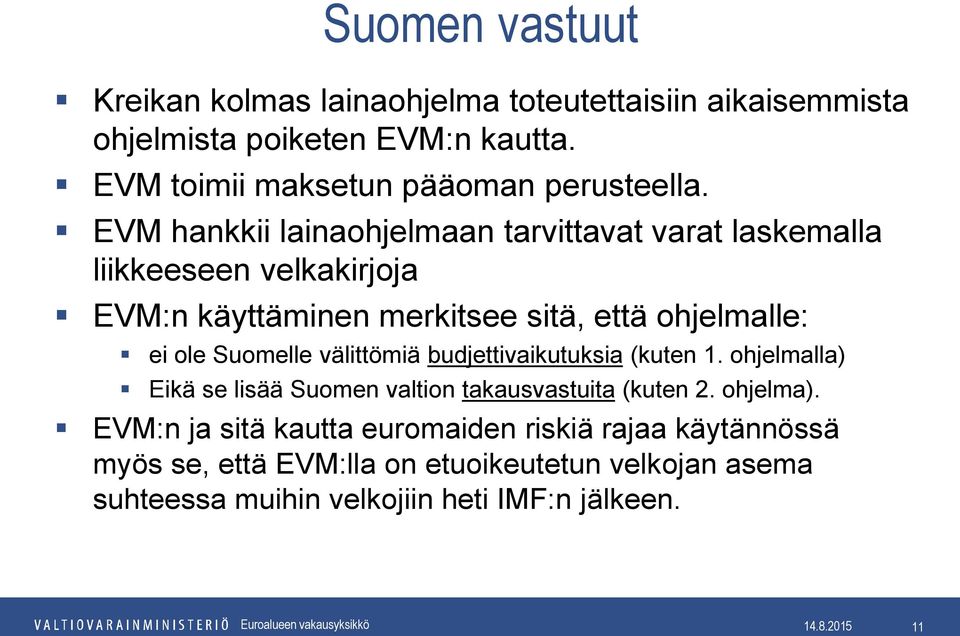 EVM hankkii lainaohjelmaan tarvittavat varat laskemalla liikkeeseen velkakirjoja EVM:n käyttäminen merkitsee sitä, että ohjelmalle: ei ole