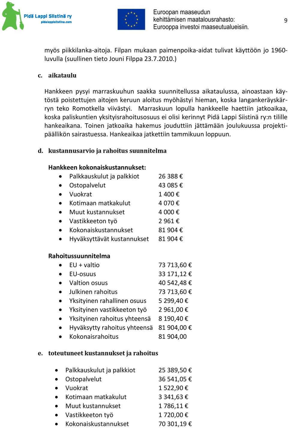 Marraskuun lopulla hankkeelle haettiin jatkoaikaa, koska paliskuntien yksityisrahoitusosuus ei olisi kerinnyt Pidä Lappi Siistinä ry:n tilille hankeaikana.