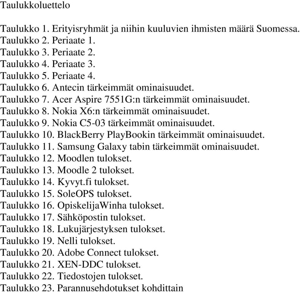 BlackBerry PlayBookin tärkeimmät ominaisuudet. Taulukko 11. Samsung Galaxy tabin tärkeimmät ominaisuudet. Taulukko 12. Moodlen tulokset. Taulukko 13. Moodle 2 tulokset. Taulukko 14. Kyvyt.fi tulokset.